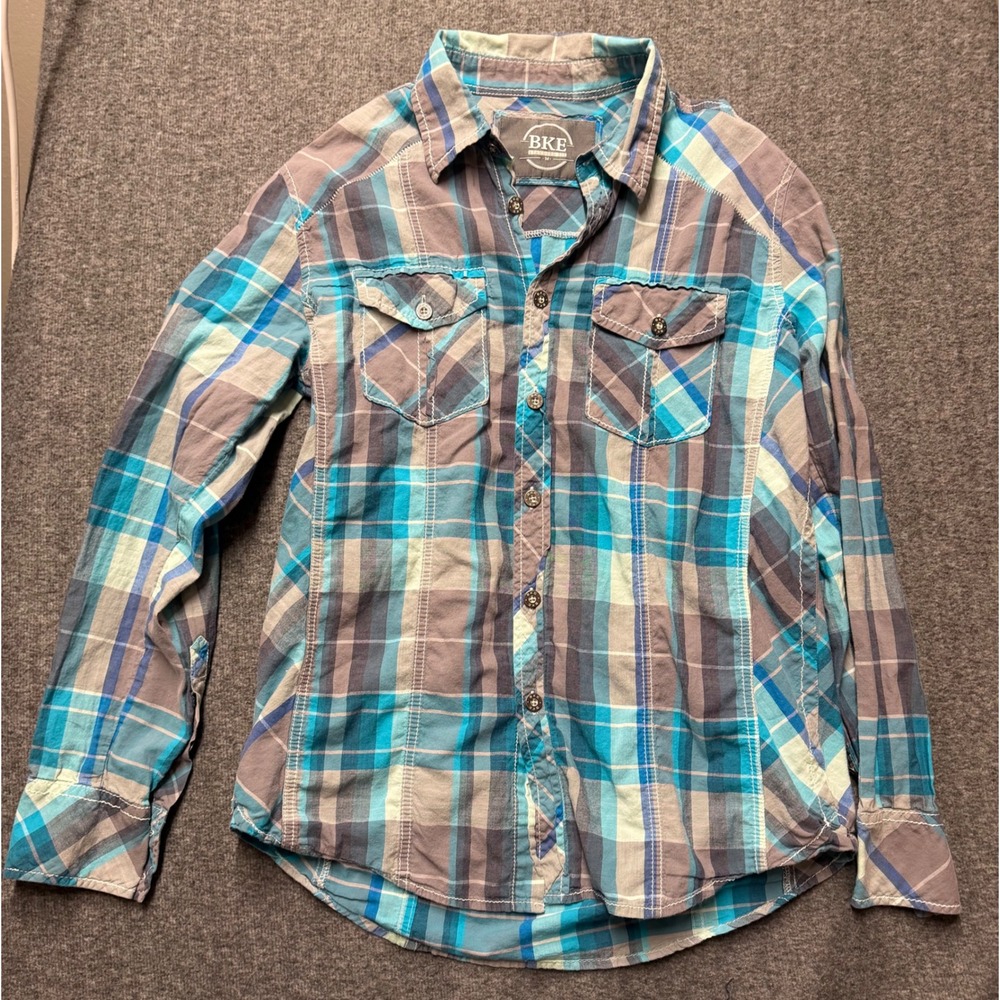 BKE Mens Standard Fit Plaid Button Down Shirt Blue Grey Teal Cotton  M